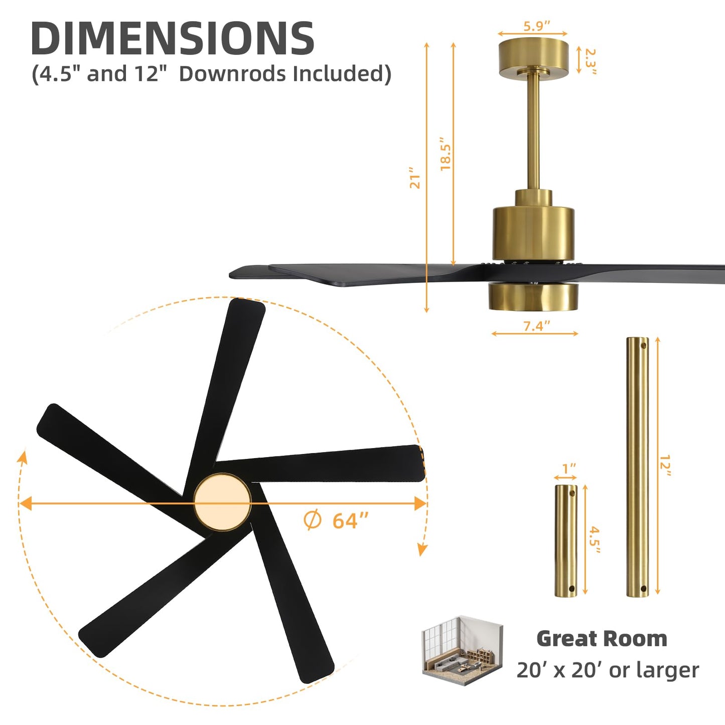 WINGBO 64" ABS DC Ceiling Fan with Lights, 5 Blade ABS Plastic Ceiling Fan with Remote, 6-Speed Reversible DC Motor, LED Ceiling Fans for Kitchen Bedroom Living Room, Brass and Matte Black