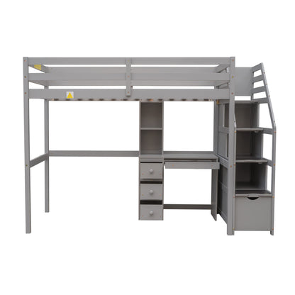 Jintop Twin Size Solid Wood Loft Bed with Storage Staircase and Desk, Bedroom Multifunctional Separable Bed Frame w/Shelves & Drawers,No Box Spring Needed,for Adult Kid Boy Girl,Gray