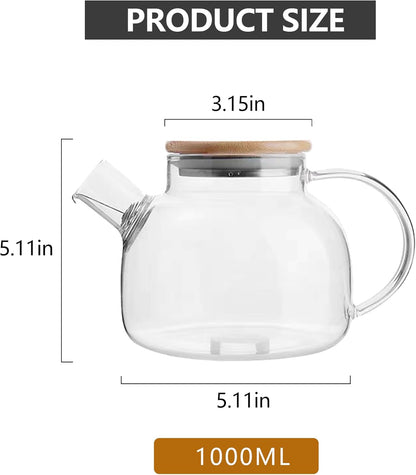 Glass Teapot Stovetop 34 OZ/1000ml, Borosilicate Clear Kettle with Bamboo Lid, Removable Stainless Steel Infuser