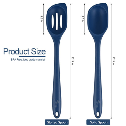 HOTEC 446°F Heat Resistant Silicone Cooking Spoon Spatula, BPA Free Large Kitchen Solid and Slotted Spoons for Mixing, Serving, Scraping, Non-stick, Dishwasher Safe Classic Blue 12.5inch