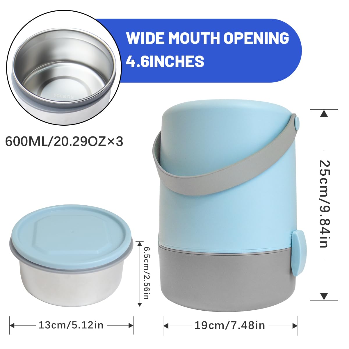 60.87oz Insulated Soup Container,Thermos Container For Hot Food,Contains 3 Tier Stainless Steel Leak Proof Stackable Thermal Food Jar,lunch box Containers For Office Picnic Travel Outdoors (Blue)