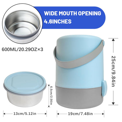 60.87oz Insulated Soup Container,Thermos Container For Hot Food,Contains 3 Tier Stainless Steel Leak Proof Stackable Thermal Food Jar,lunch box Containers For Office Picnic Travel Outdoors (Blue)