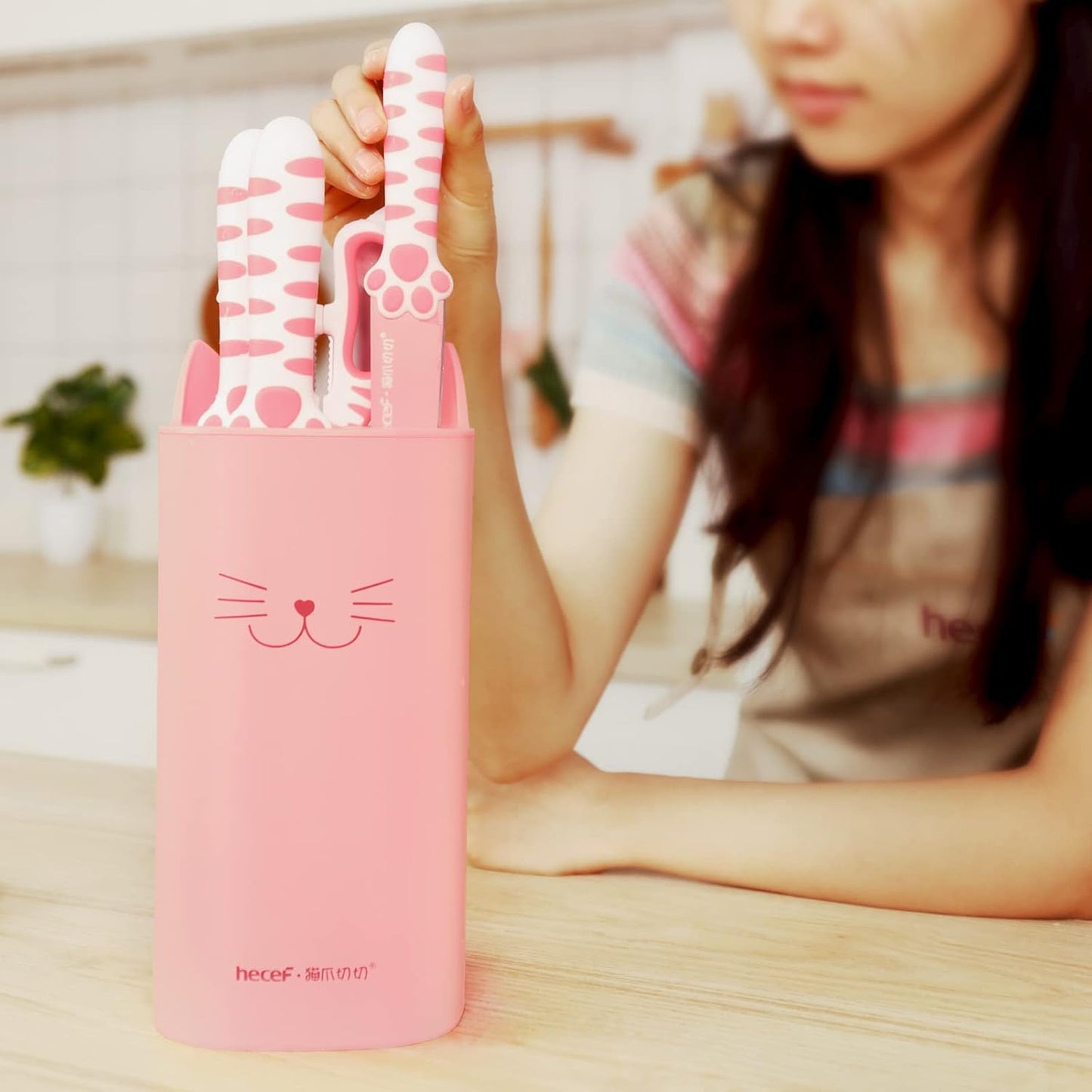hecef Cute Kitchen Knife Set, 5-Piece Non-Stick Knives Set with Detachable Block and Scissors, Pink