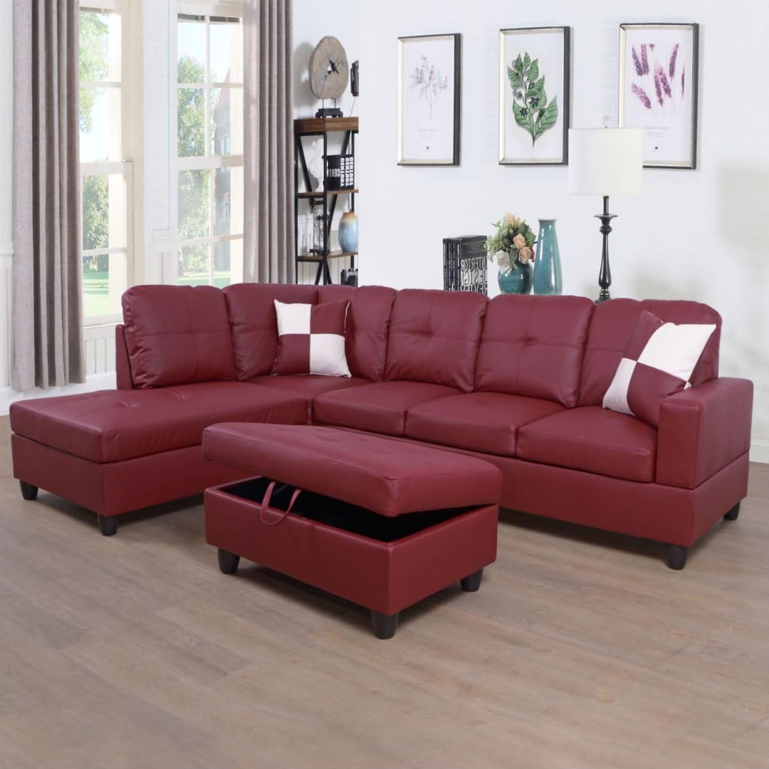UOCFYK Red L-Shaped 3-Piece Faux Leather Sofa with Storage Ottoman Set, Sectional Couch Leather-Like Sofa Set for Living Room, Office, Small Space