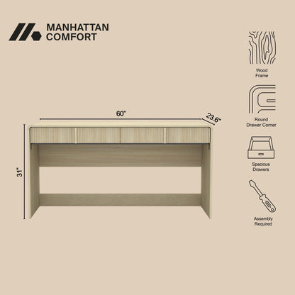Manhattan Comfort Novara Modern 60" Writing Desk with 2 Smooth-Glide Drawers with Fluted Fronts, Office Desk with Large Work Surface, Stylish Rounded Edges, Whitewashed Oak