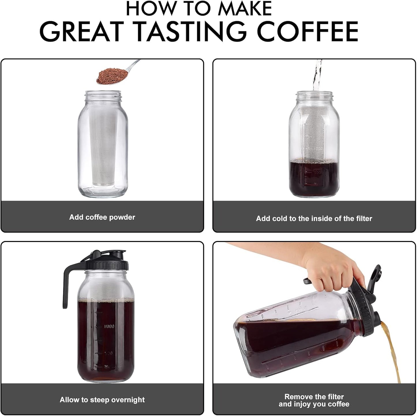 Cold Brew Mason Jar Iced Coffee Maker, 64 oz Durable Glass, Stainless Steel Filter for Iced Brew Coffee