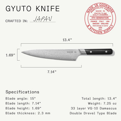 Made In Cookware | 3-piece Japanese Damascus Steel Knife Set (Includes Gyuto, Nakiri and Santoku) | 66 Layers of Damascus Steel with a VG-10 Core | Crafted in Japan | Full Tang With Black POM Handle