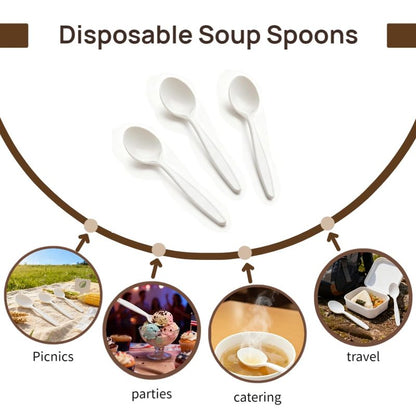 Yoaier Eco-Friendly 6" Disposable Soup Spoons - 100 Pack Heavy Duty Plant-Based Cutlery, Extra-Length Cornstarch Spoons for Hot Soup, Ice Cream, Chili,Para Pozole,Parties (Ivory)