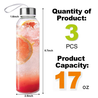 Duocesica 3 Packs Glass Water Bottles with Lid Clear Juice Bottles Reusable Bottle with Stainless Steel Cap Glass Cups Liquid Storage Containers for Juicing Beverage Refrigerator Travel-17oz