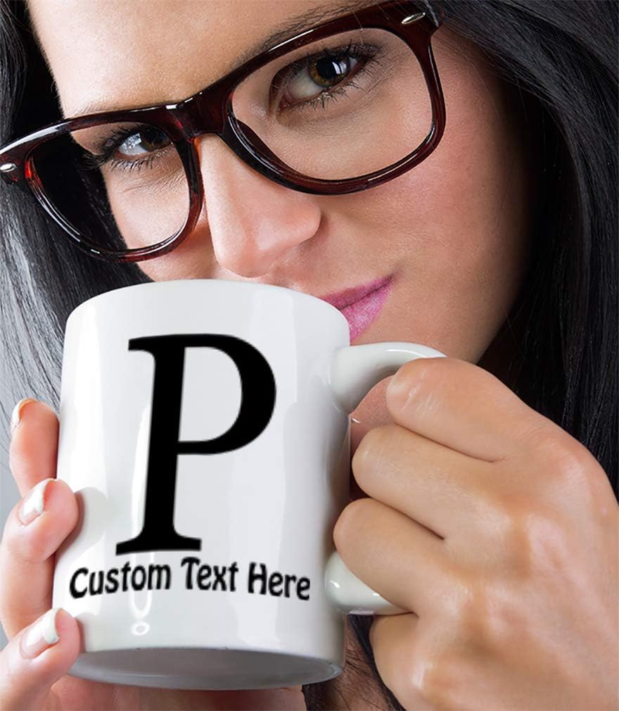 Custom Ceramic Coffee Mug, 11 Ounces, Alphabet Letter Monogram P, Personalized Text Here, White Tea Cup.