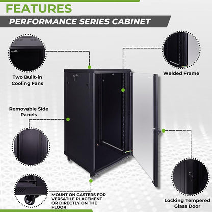 NavePoint 22U Server Cabinet Wall Mount Rack Enclosure with Caster Wheels, 2 Fans, Locking Glass Door, Removable Side Panels – 22U Network Cabinet 23.6” Deep, 19” Server Rack for A/V Equipment