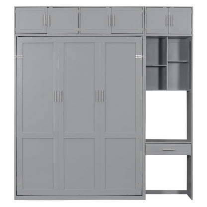 Merax Queen Size Wall Murphy Bed with Desk, Top Cabinet and Storage Shelves, Space Saving Foldable Bed, Wooden Bed Frame