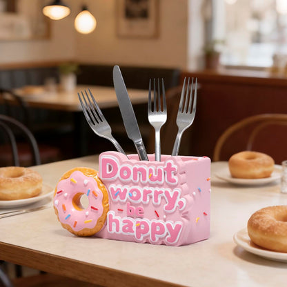 ZAWUU Donut Shaped Organizer - Cute Pink Resin Donut Worry, Be Happy Multi-Use Holder for Pens, Makeup Brushes, Utensils, and More – Perfect Desk or Kitchen Accessory Gift