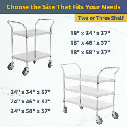 18" x 46" x 37" Stainless Steel Two Shelf Utility Cart - Commercial Heavy-Duty NSF Service Cart with Handles, Storage Rolling Shelving for Warehouse, Office, Food Service