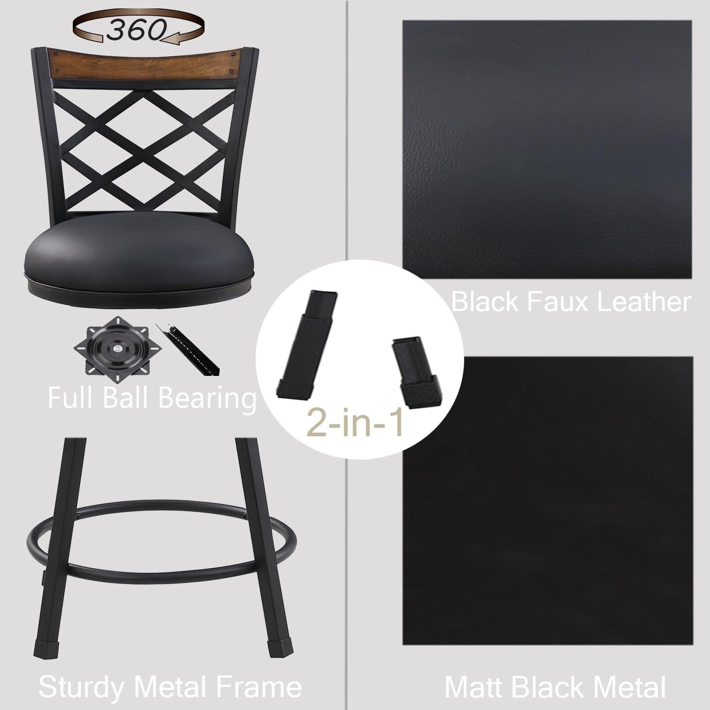 MIITODAY Set of 2 Swivel Bar Stools with Backs, 2-in-1 Adjustable 25"/30" Height, Farmhouse Kitchen Counter Chairs, Heavy Duty Industrial Metal & Black Faux Leather Seat