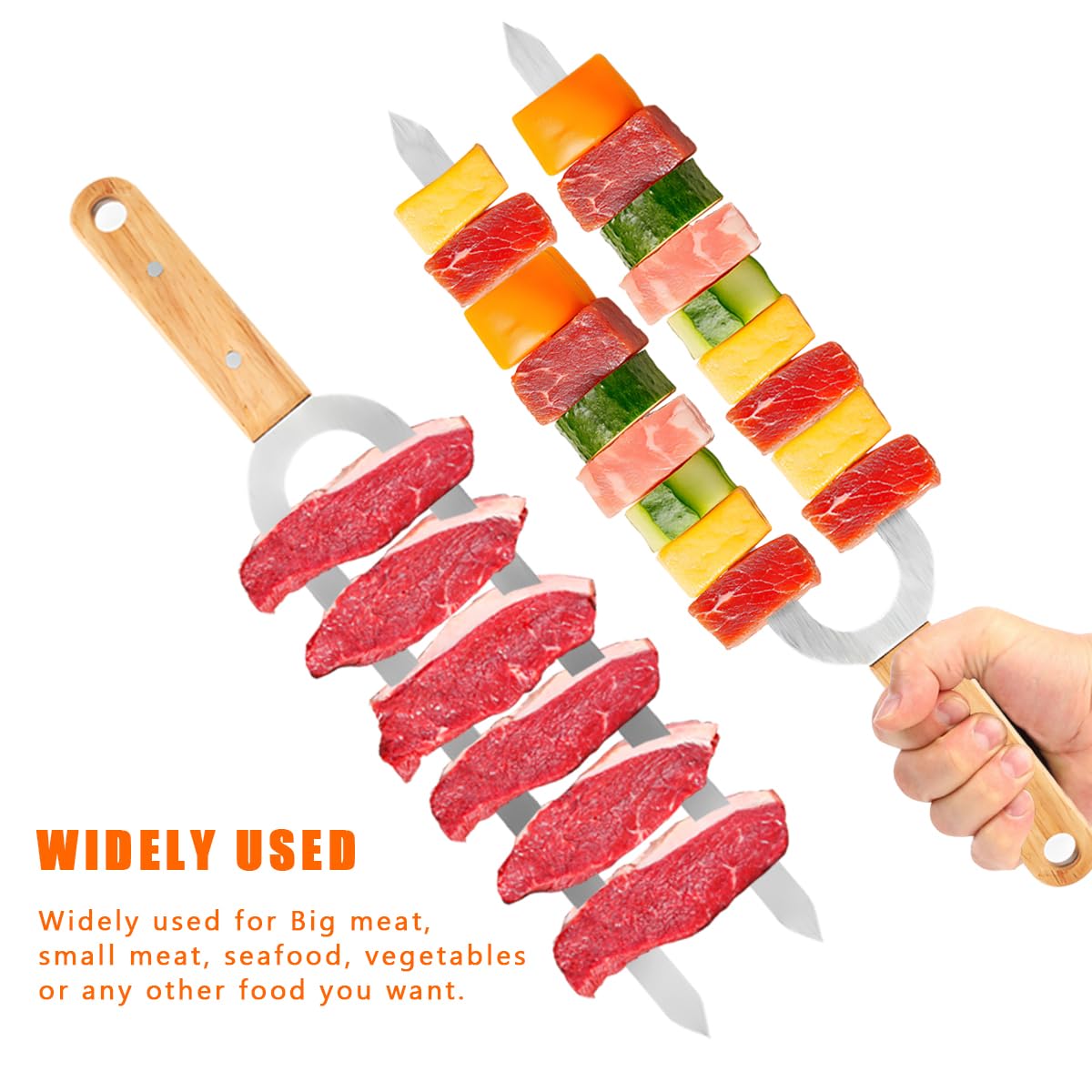 Anyuecoco Skewers for Grilling,2 PCS - 17 Inch Double Pronged Kabob Skewers With Wooden Handles,Heavy Duty Stainless Steel Skewer, Flat Skewer,For Grilling Meat, Vegetables, and Outdoor Cooking
