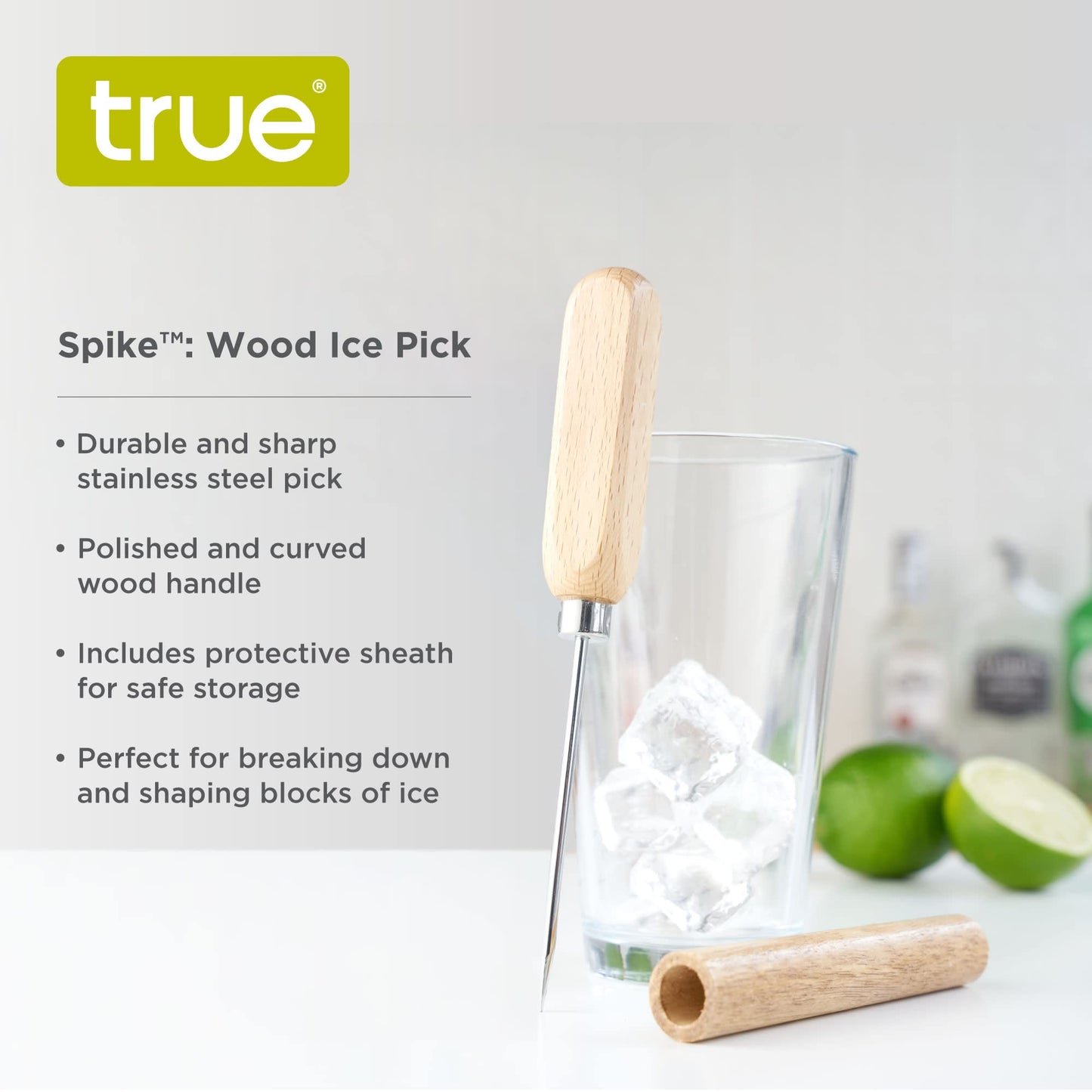 True Spike Stainless Steel Ice Pick Tool with Cover and Wood Handle for Cocktails, Restaurant, Bars, Camping, Bartender Home Bar Accessories, 8.5"