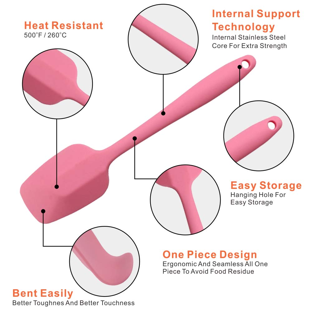 Silicone Spatulas Set, Rubber Spoon Spatula Heat Resistant Spoonula One Piece Design Seamless Spatula Non-Stick Scrapers Baking Mixing Tool (Pink)