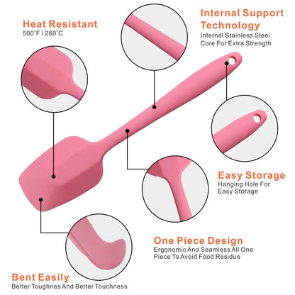 Silicone Spatulas Set, Rubber Spoon Spatula Heat Resistant Spoonula One Piece Design Seamless Spatula Non-Stick Scrapers Baking Mixing Tool (Pink)