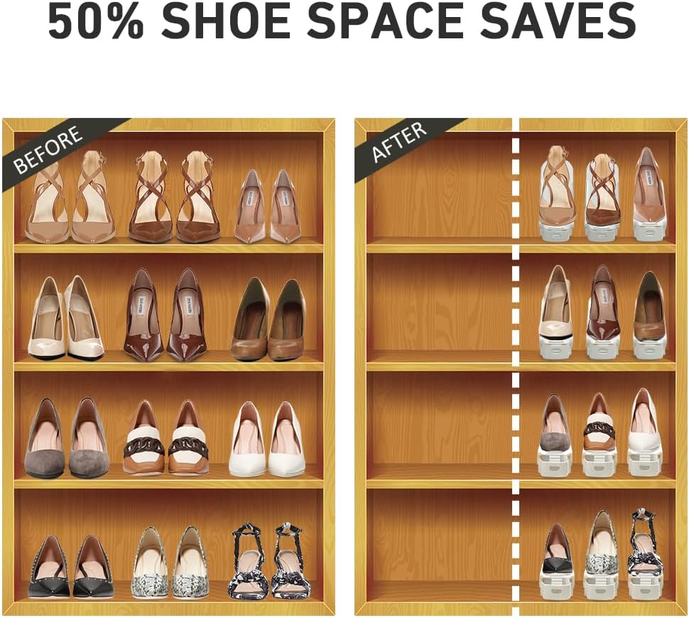 20 Pack 50% 4 Shoe Slots Organizer - Shoe Stackers, Space Savers, Levels Adjustable Rack, White
