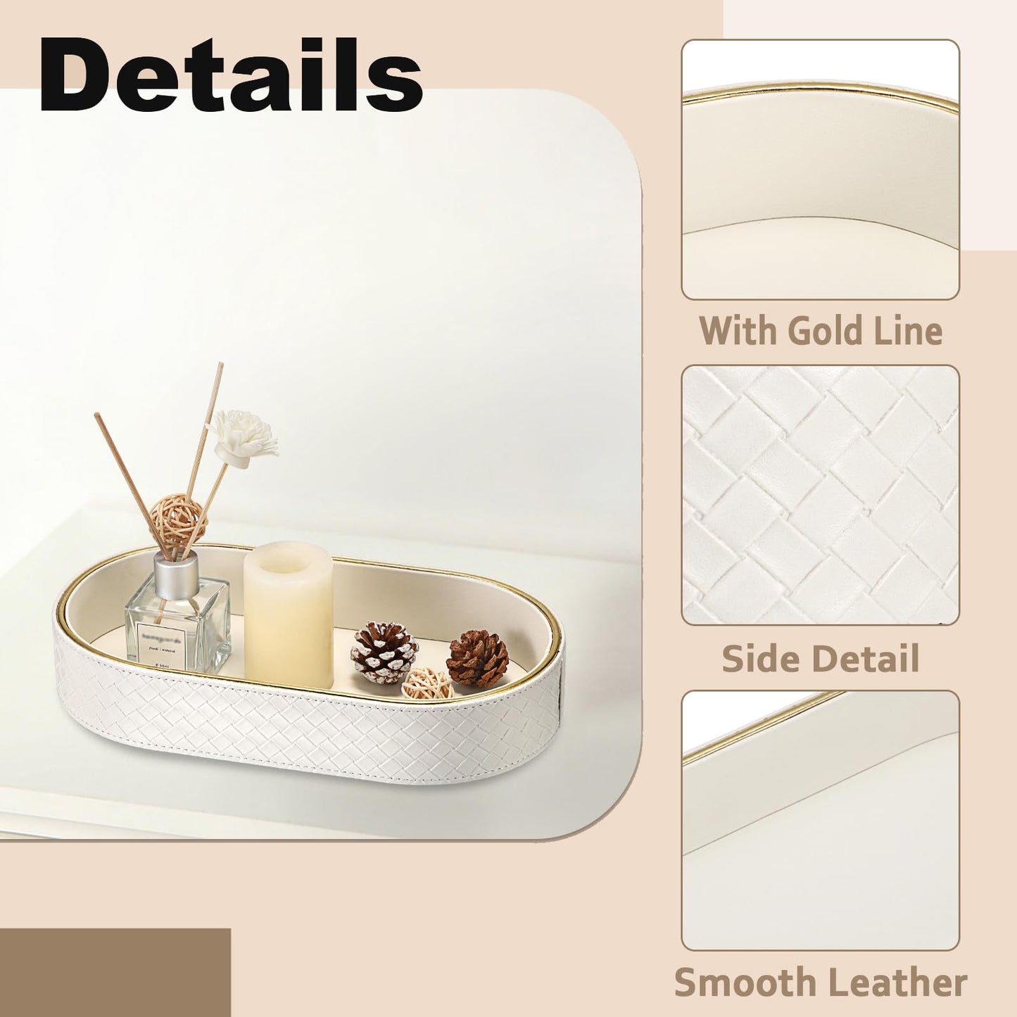 Hipiwe PU Leather Valet Tray with Gold Line Perfume Vanity Tray Catchall Tray for Jewelry Trinket Oval Bedside Nightstand Organizer for Home Decor, White