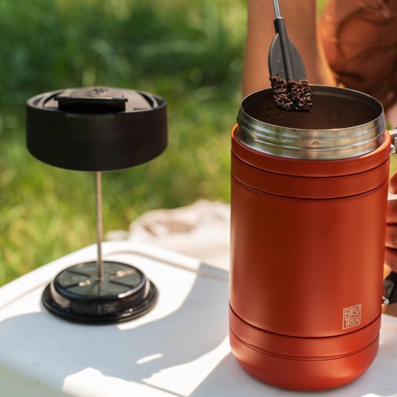 BruTrek® by Planetary Design BaseCamp Coffee Press - Double Wall Insulated Stainless Steel - Bru-Stop Technology, No Grounds in Coffee, No Spill Lid (Red Rock, 32 fl.oz)