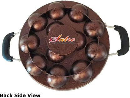 Satre Online Non-Stick Aluminium Appam Pan with Steel Lid, 12 Pits, Black & Silver