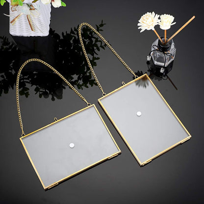 JUXYES Picture Frame, Set of 2 Brass Floater Frame, Golden Glass, 5 x 7 inches, Modern Art Design, Wall Hanging