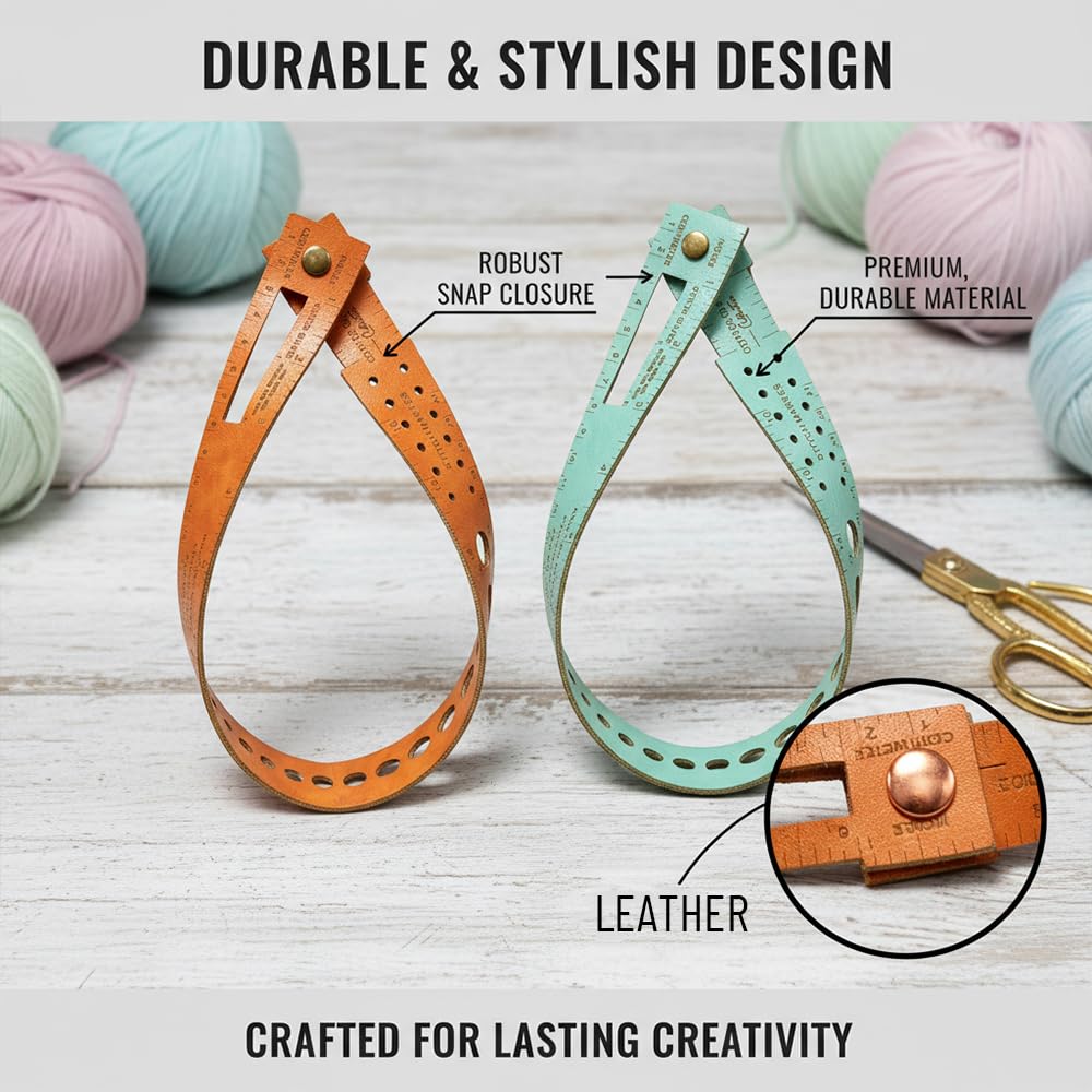 7-in-1 Knitting & Crochet Gauge Measuring Tool-18 Stitch Counter Wrist Wrap, Multifunctional Leather Measuring Tool, Knitting Needle Sizer & Stitch Marker,Knitting,DIY Crafts，2 Pack(Brown, Turquoise)