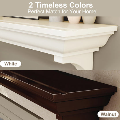 KALSUBO 72 Inch Fireplace Mantel Shelf, Invisible Heavy Duty Bracket Floating Mantle for Over Fireplace, Wall Mounted Handcrafted Hollow Solid Wood Design, Rustic Traditional Fireplace Decor (White)