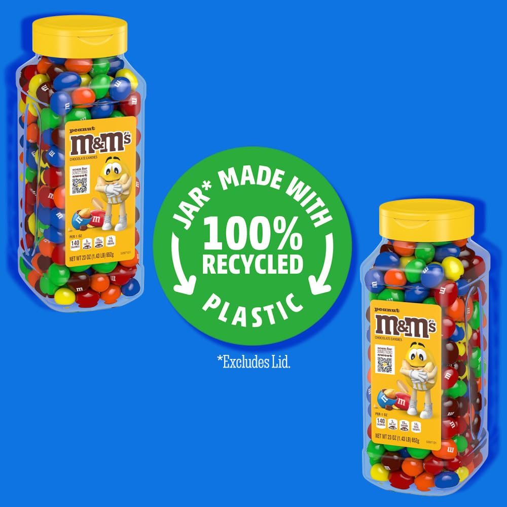 M&M's Peanut Candy Jars, Assorted Chocolate Candies, Party Size Bulk, Movie Night Treats, Buffet Chocolates, Resealable and Recyclable, 23 Ounces Each, Pack of 2