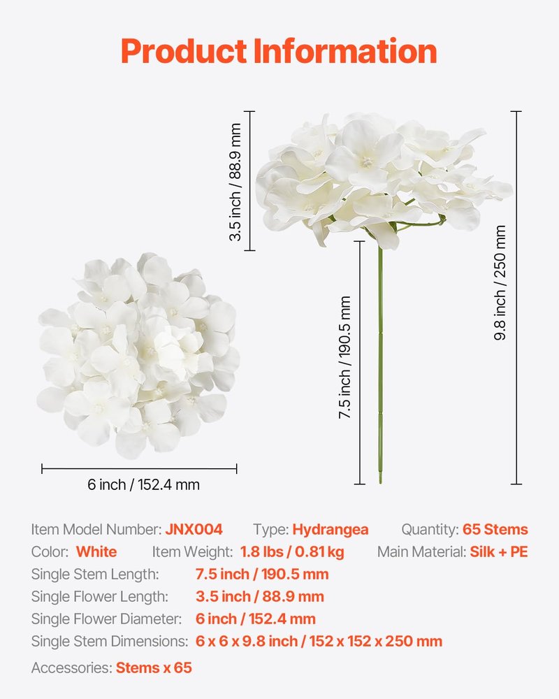 VEVOR Artificial Flowers, 205 pcs Real Looking White Silk Fake Hydrangea Bulk, White Faux Bridal Shower with Stems for DIY Wedding Bouquets, Home Centerpieces Arrangements, Party Tables Decorations