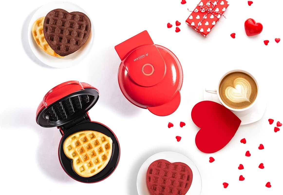 Holstein Housewares Personal Non-Stick Heart Waffle Maker, Red - 4-inch Waffles Ready in Minutes