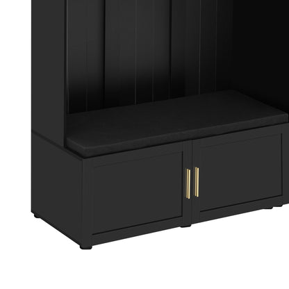 Amposei Modern Hall Tree with Shoe Storage Bench & Coat Rack, 79.72''H Tall Entryway Cabinet Organizer with 6 Doors, 4 Hooks & Padded Seat for Hallway Mudroom Living Room, Black