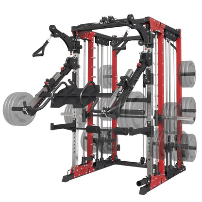 FAGUS H Red Commercial Smith Machine with Smith Bar, 4000LBS Power Cage Squat Rack with Lever Arm, Leg Press, LAT Pull Down System, Multi-Function Linear Bearing Cable Crossover Machine for Home Gym