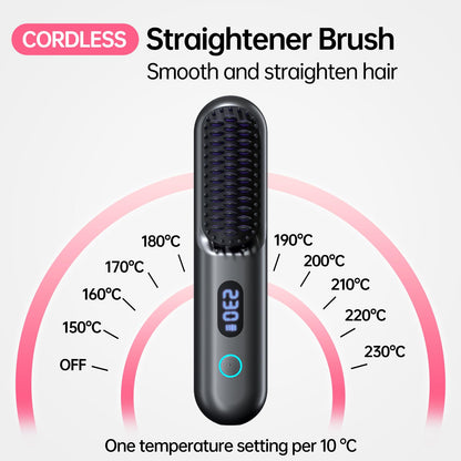 Cordless Hair Straightener Brush-Portable Straightening Comb, 9600mAh Batt, Plasma Tech, 9 Temp-Settings & LED Display, for Travel & Home(Pink)