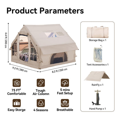 Romantic Camp Inflatable Camping Tent with Pump,4-6 Person Waterproof Blow Up Air Tent for Camping Hiking,Easy to Set Up 4-Season Inflatable House Tent with Oversized Canopy(75FT²).