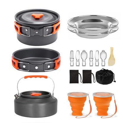 Camping Cookware Camping Cooking Set, Non-Stick Hard-Anodized Aluminum Pot & Pan with Kettle, 2 Forks Knives Spoons, 2 Plates & Folding Cups, Compact Backpacking Cookware for 2-3 People, Camping Gift