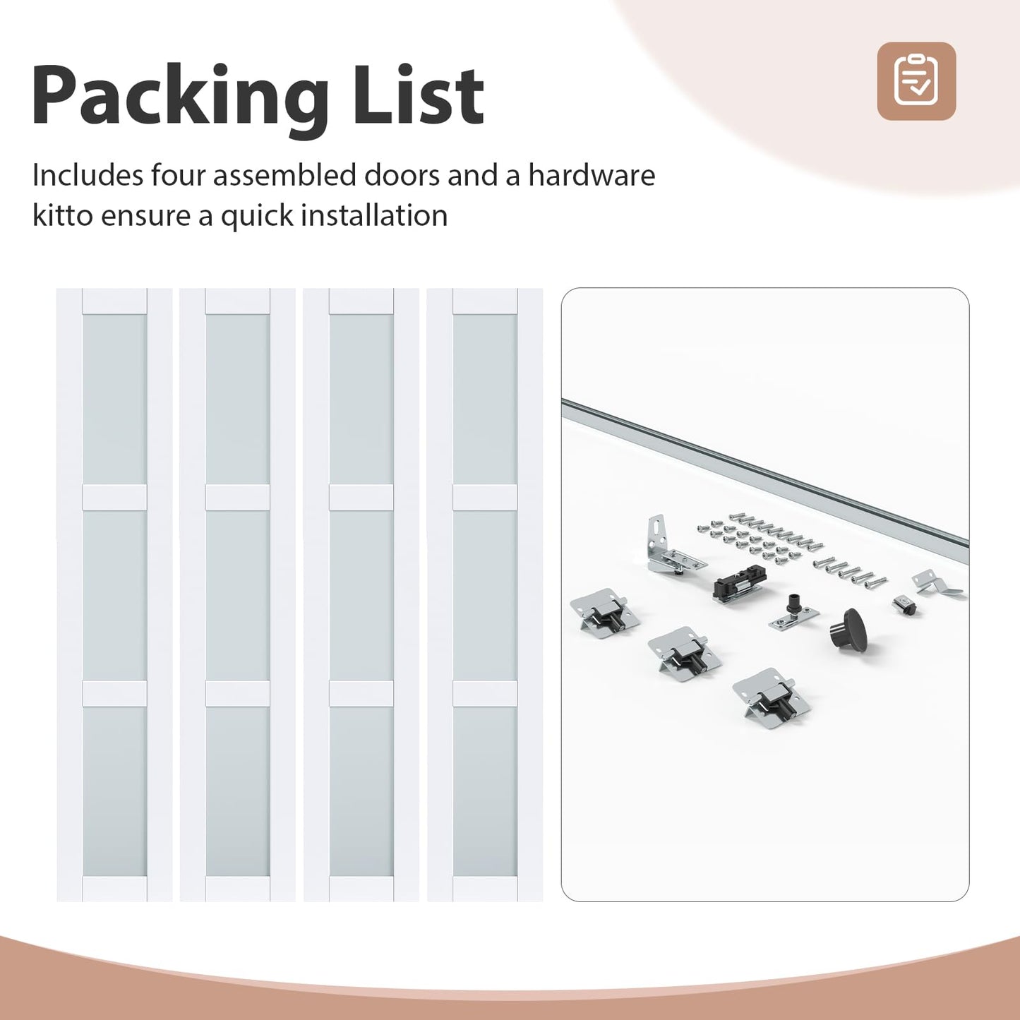 EaseLife Preassembled Bi-Fold Doors, for 48"x 80" Opening,Tempered Frosted Glass Closet Folding Barn Door with Concealed Hardware Kit,MDF Wood Panel,Water-Proof PVC Surface,Easy Installation
