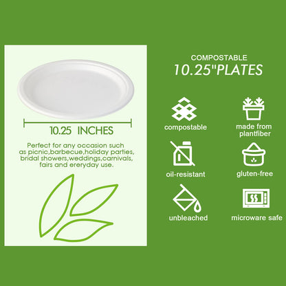 Vplus 150 Pack Compostable Disposable Paper Plates 10.25 inch Super Strong Paper Plates 100% Bagasse Natural Biodegradable Eco-Friendly Sugarcane(white)