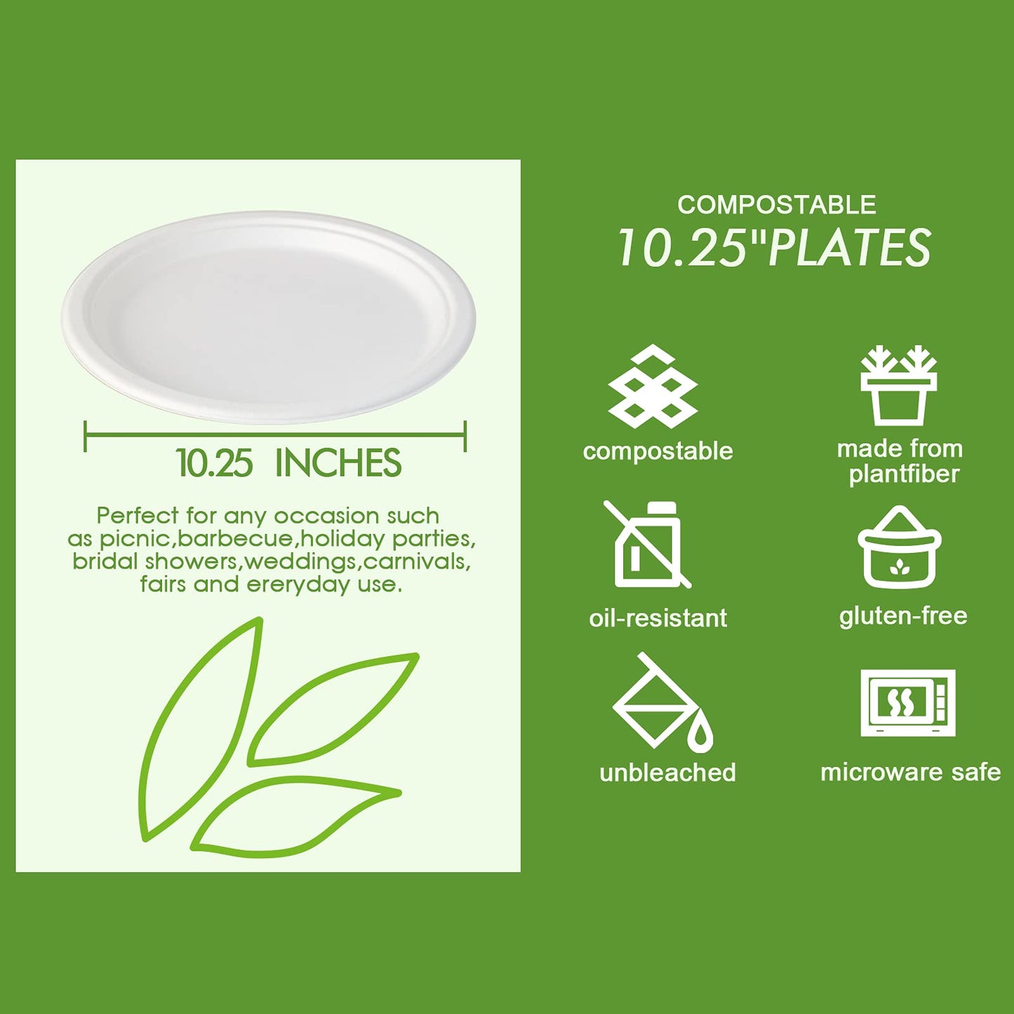 Vplus 500 Pack Compostable Disposable Paper Plates 10.25 inch Super Strong Paper Plates 100% Bagasse Natural Biodegradable Eco-Friendly Sugarcane (white)