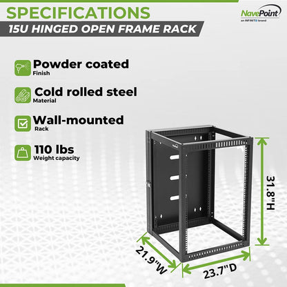 NavePoint 15U Wall Mount Server Rack with Hinged Back, 4-Post 24” Deep, Rear Swing Frame 15U Network Rack Wall Mount for 19 Inch Equipment AV IT Easy Cable Management, Black