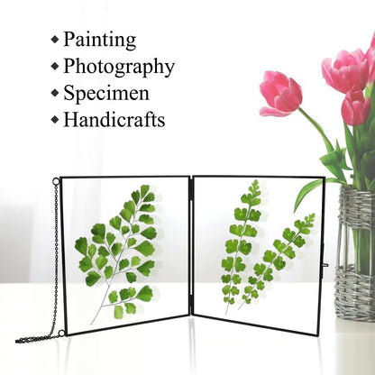 TLBTEK 2 PCS Black 8x8 inch Brass Hanging Photo Frame,Double Glass Frame for Pressed Flowers,Clear DIY Vintage Artwork Display Frame Wall Mounted Photos Frame