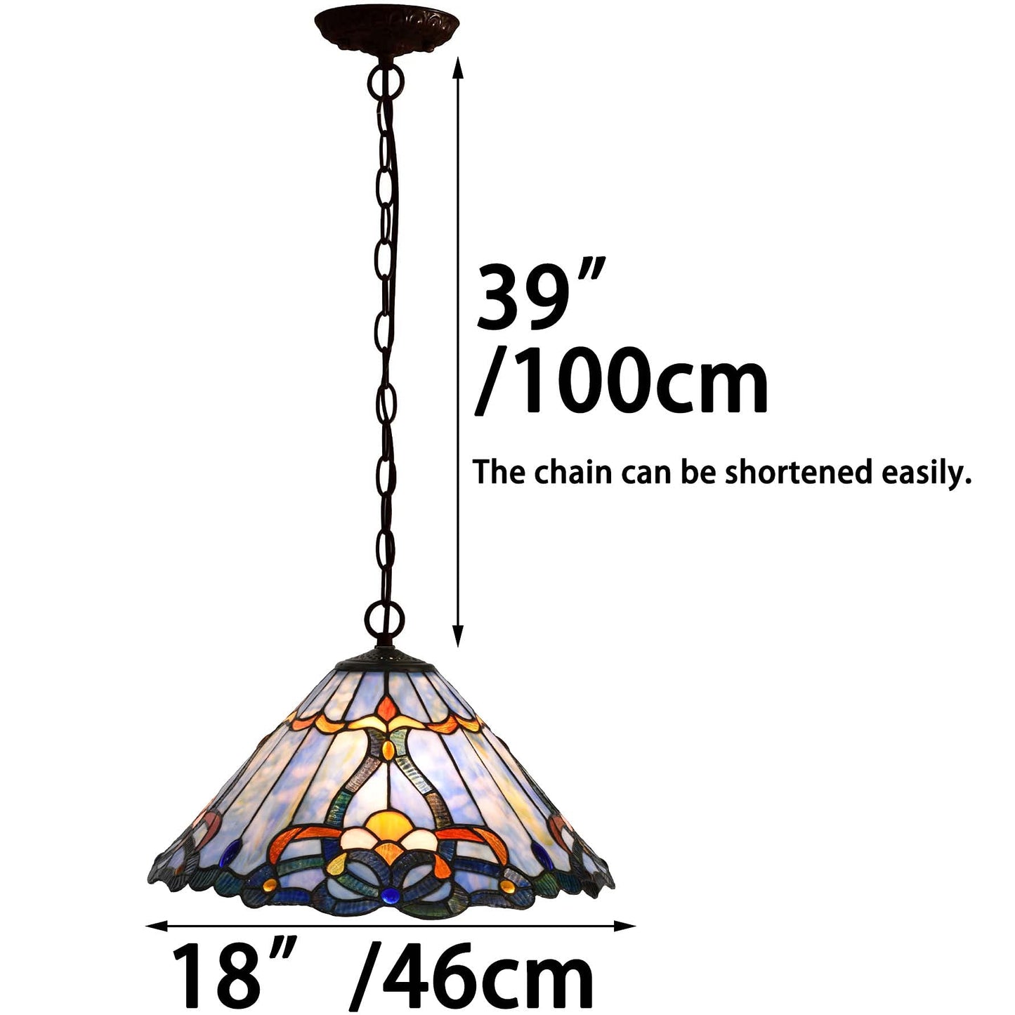 Bieye L10786 Baroque Tiffany Style Stained Glass Ceiling Pendant Light with 18 inches Wide Lampshade, Blue
