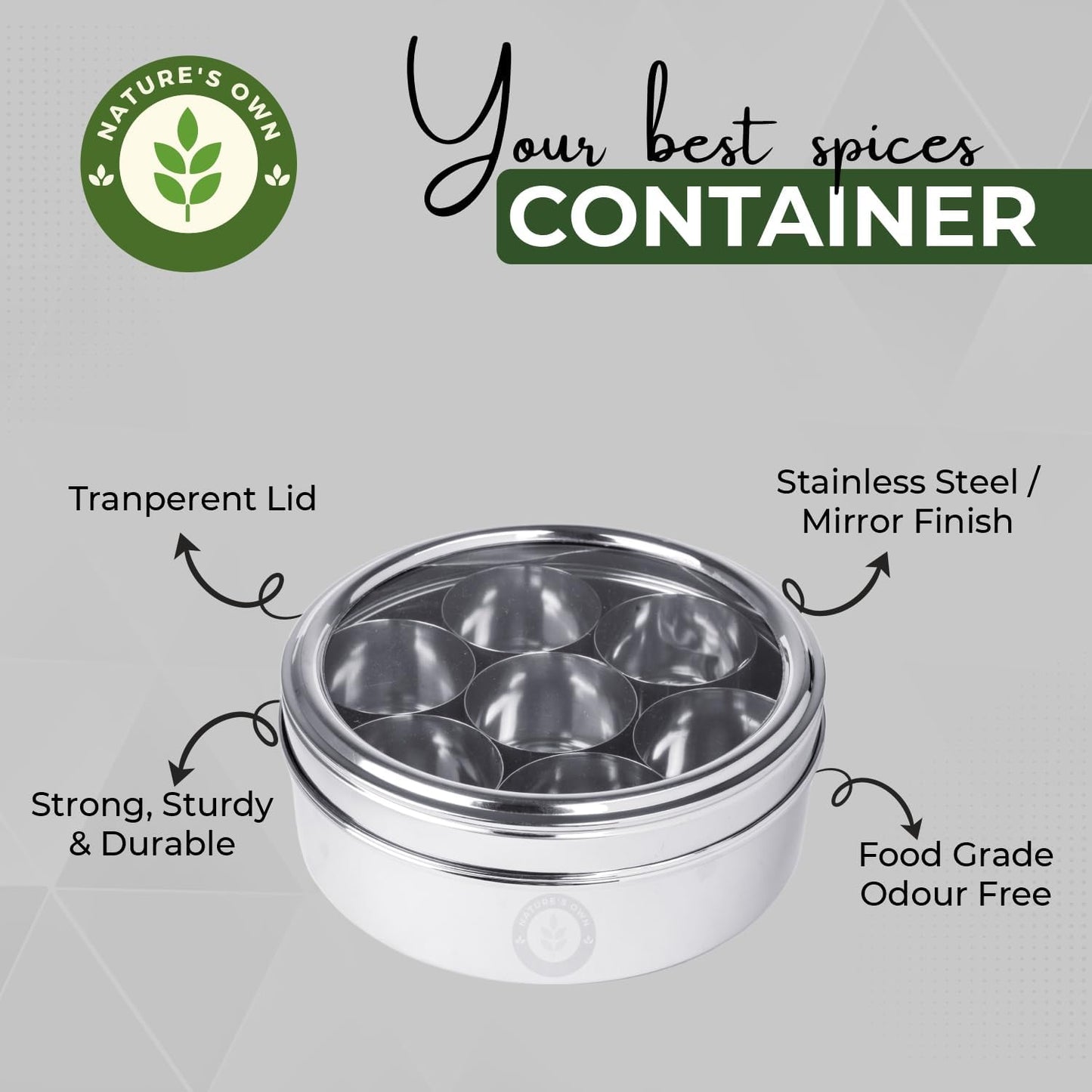 Nature's Own Stainless Steel Spice Box with Non-Breakable Transparent Glass, 7 Containers and 1 Spoon, Spice Box (22CM)