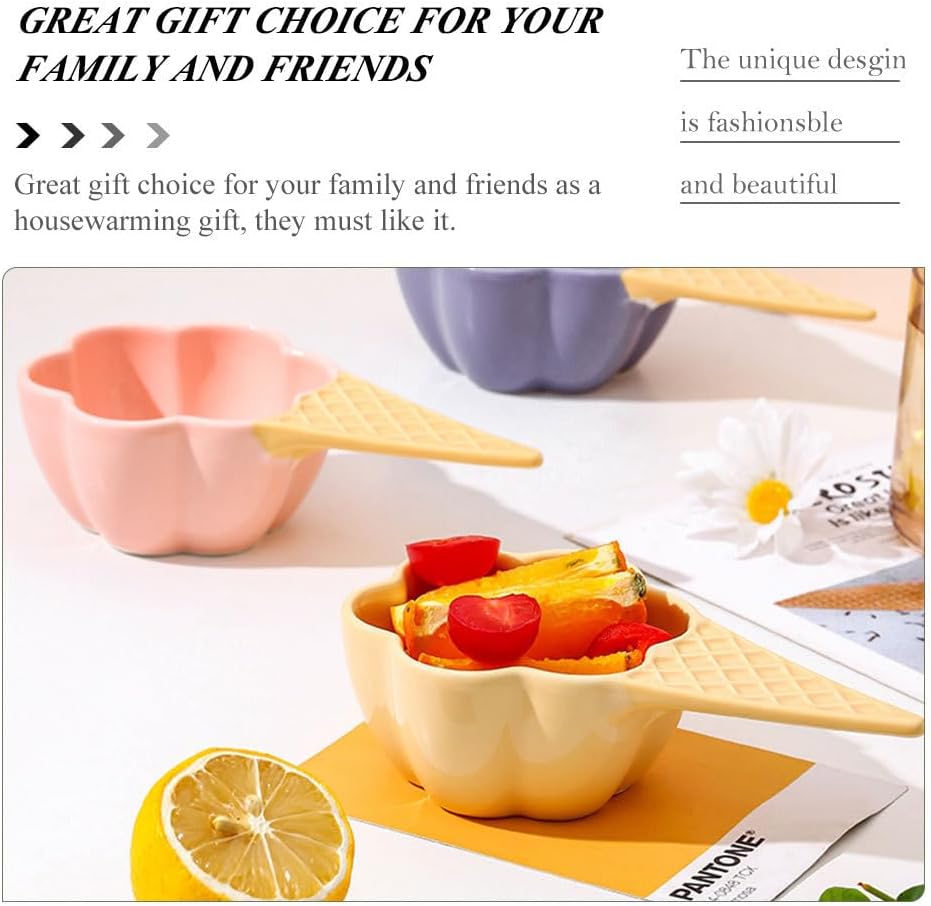 Decorative Small Ceramic Ice Cream Bowls with Handles, Porcelain Dessert Serving Bowl, Cute Snack Dish