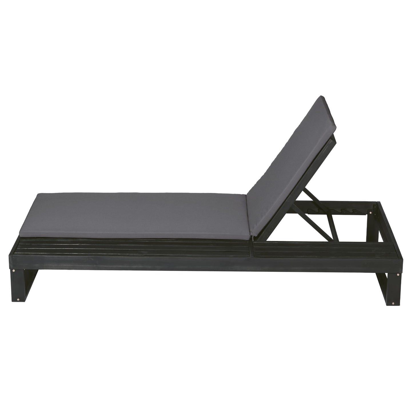 Merax Black Acacia Wood Chaise Lounge with 1.57-Inch Dark Gray 2-Fold Cushion Set, 4-Position Adjustable with Flat Side Surface, for Poolside