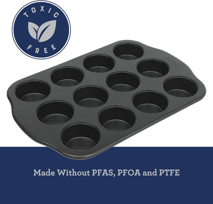 Oster Teston 12-Cup Muffin Pan - Nonstick Carbon Steel Bakeware | PFAS-Free, Easy Release, Matte Black