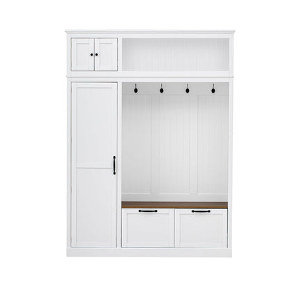 Merax 3-in-1 Hall Tree with Overhead Storage Cabinet, Adjustable Side Shelves,4 Hooks,2 Spacious Drawers,Grooved Back Panel Design, Contrasting Seat Bench,Multifunctional Entryway Organizer, White