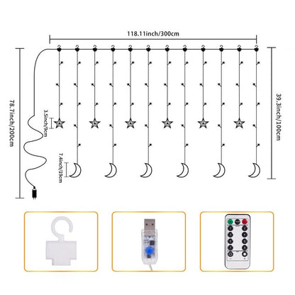 BomKra Dazzle Bright Ramadan Curtain String Lights, 138 LED Warm White Star Moon Fairy Lights 8 Lighting Modes with Remote and 12 Hooks for Bedroom Wall, Outdoor Party, Ramadan Decorations